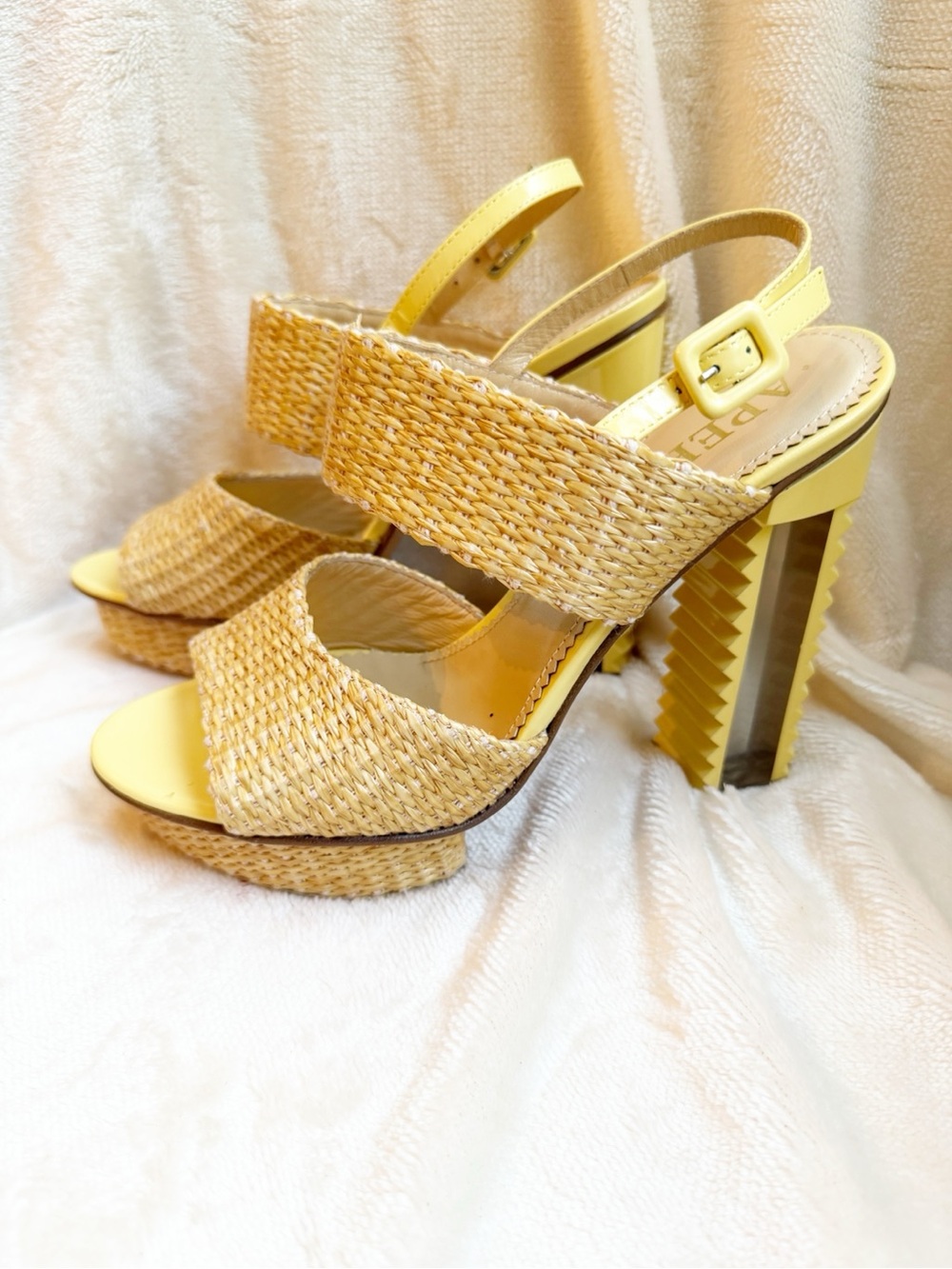 NWOT Aperlai Wicker and Yellow Leather Platform Sandal - Picture 3 of 6